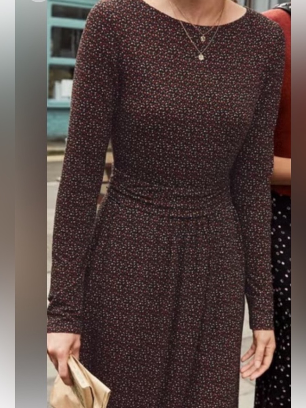 Boden Dark Brown Micro-Dot Print Long Sleeve Midi Dress - Picture 7 of 13